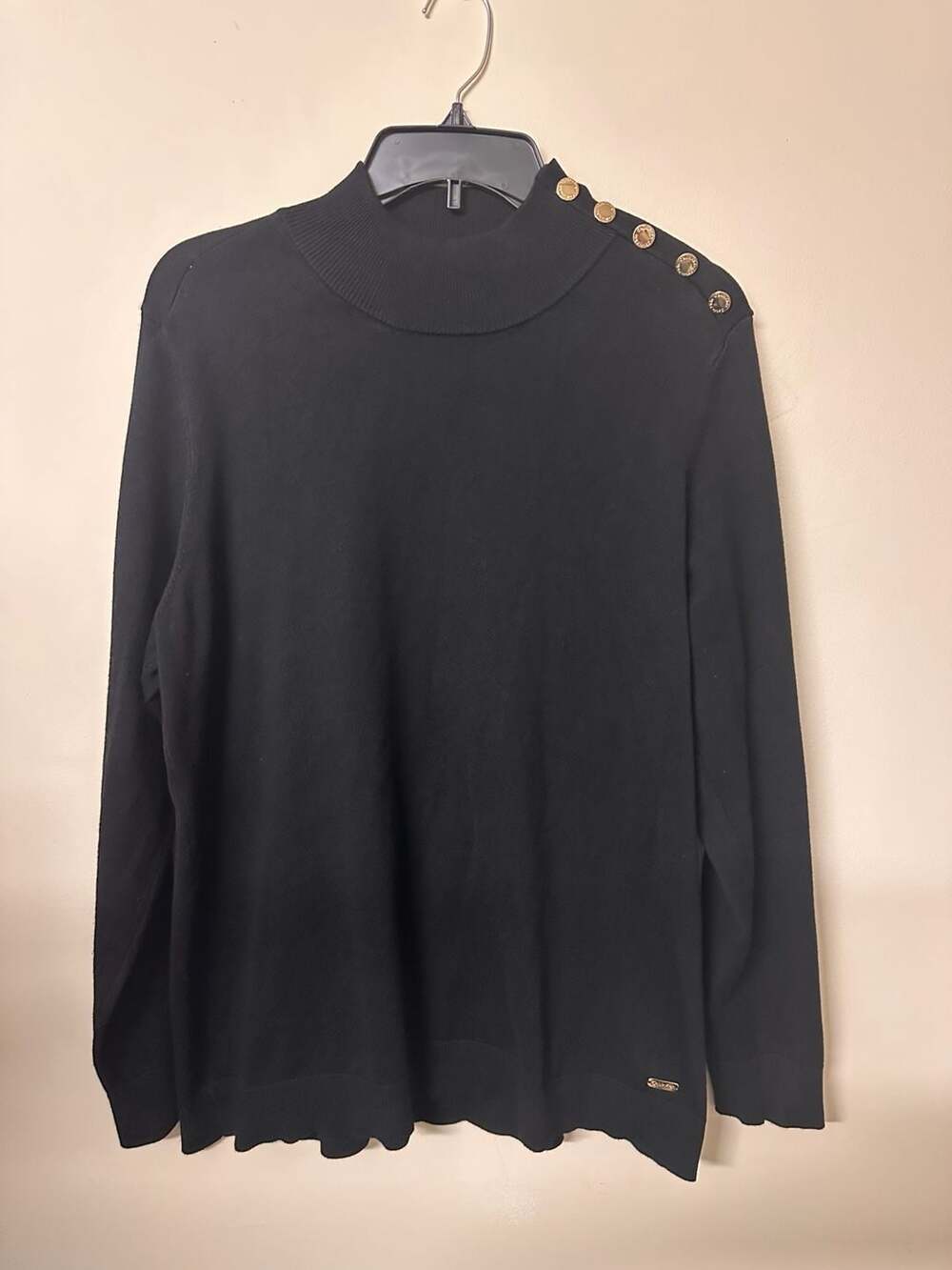 Calvin Klein Black Mock Neck Long Sleeve Sweater with Gold Shoulder Buttons